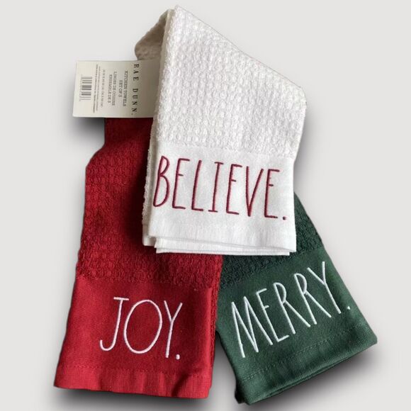 Rae Dunn Christmas Kitchen Towel Set Red White Green Merry Joy Believe Holiday - Picture 2 of 7